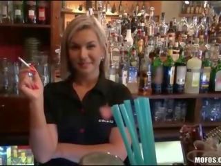 Guy fucks and sperms barmaid in her bar