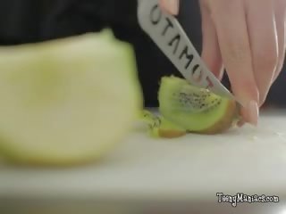 Asian femme fatale Serves Him Fruit And Pussy On The Bed