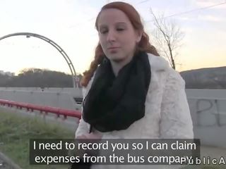 Redhead suck cock in faketaxi in public