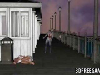 Buah dada besar 3d karikatur madu mendapatkan kacau oleh sebuah zombi